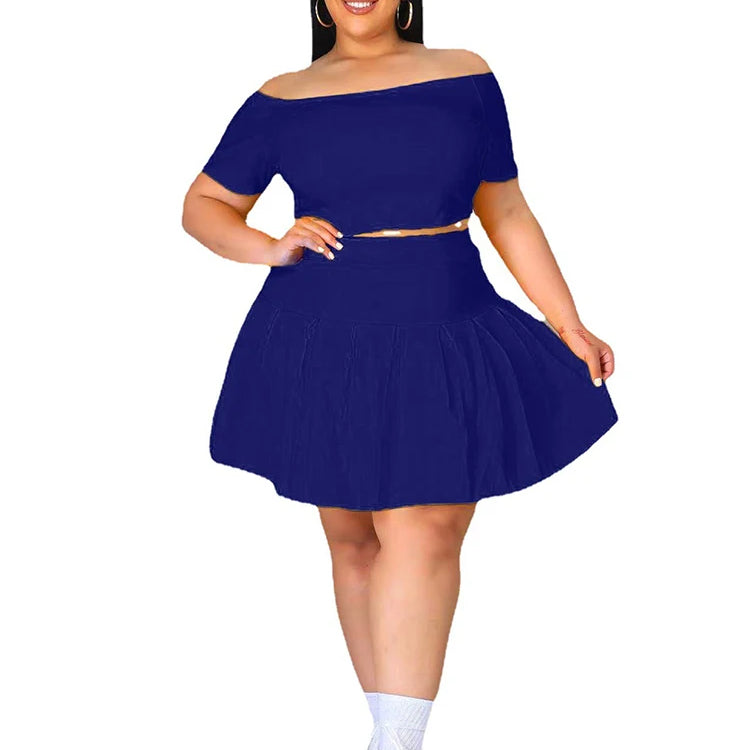 5xl Plus Size Women Clothing Wholesale Summer Outfits Crop Tops and Pleated Skirt Tracksuit Sweet Dress Suits Dropshipping Navy Blue