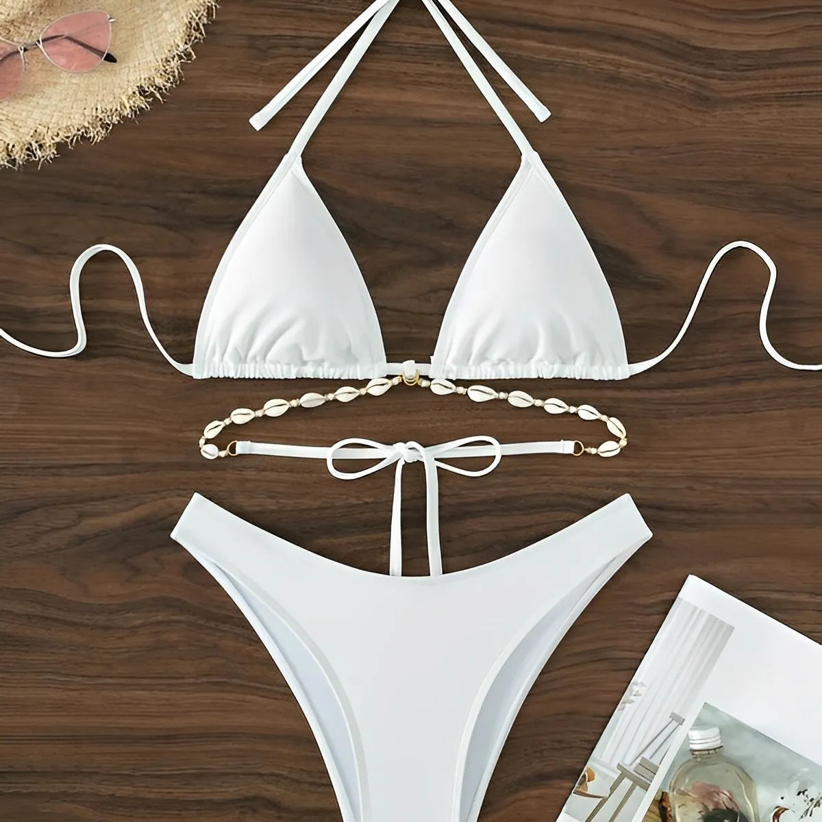 Triangle Bikini Set Decorated With Seashell Swimsuit Women Swimwear Female Sexy Bathers Bathing Swimming Swim Suit Beachwear White