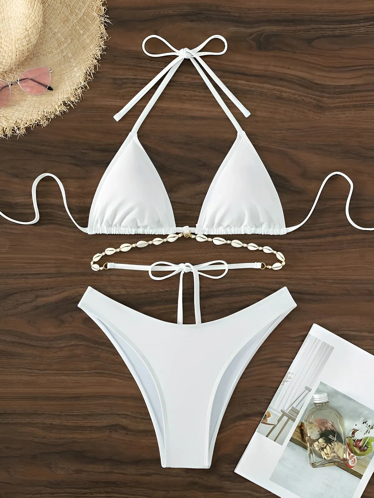 Triangle Bikini Set Decorated With Seashell Swimsuit Women Swimwear Female Sexy Bathers Bathing Swimming Swim Suit Beachwear White