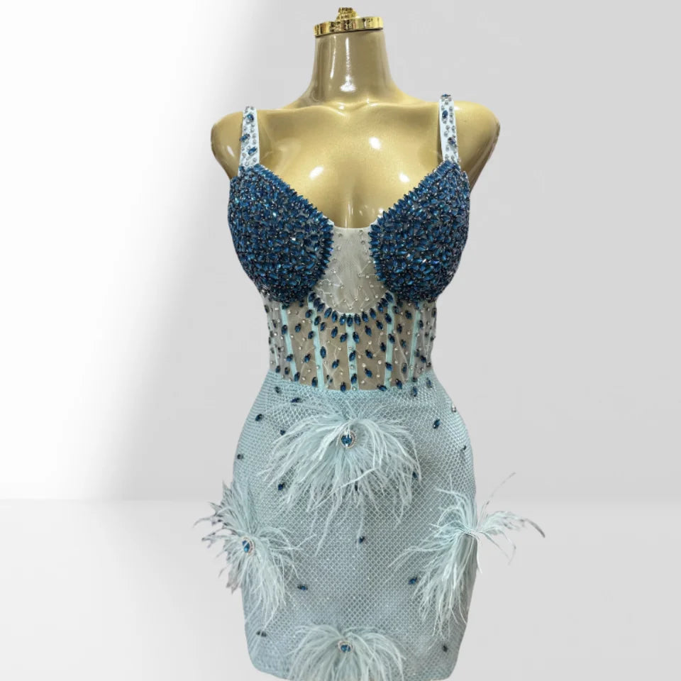 2025 Luxury Feathers Blue Diamonds Sexy See Through Spaghetti Mini Dress Woman Birthday Party Vestido Club Party Outfit As picture