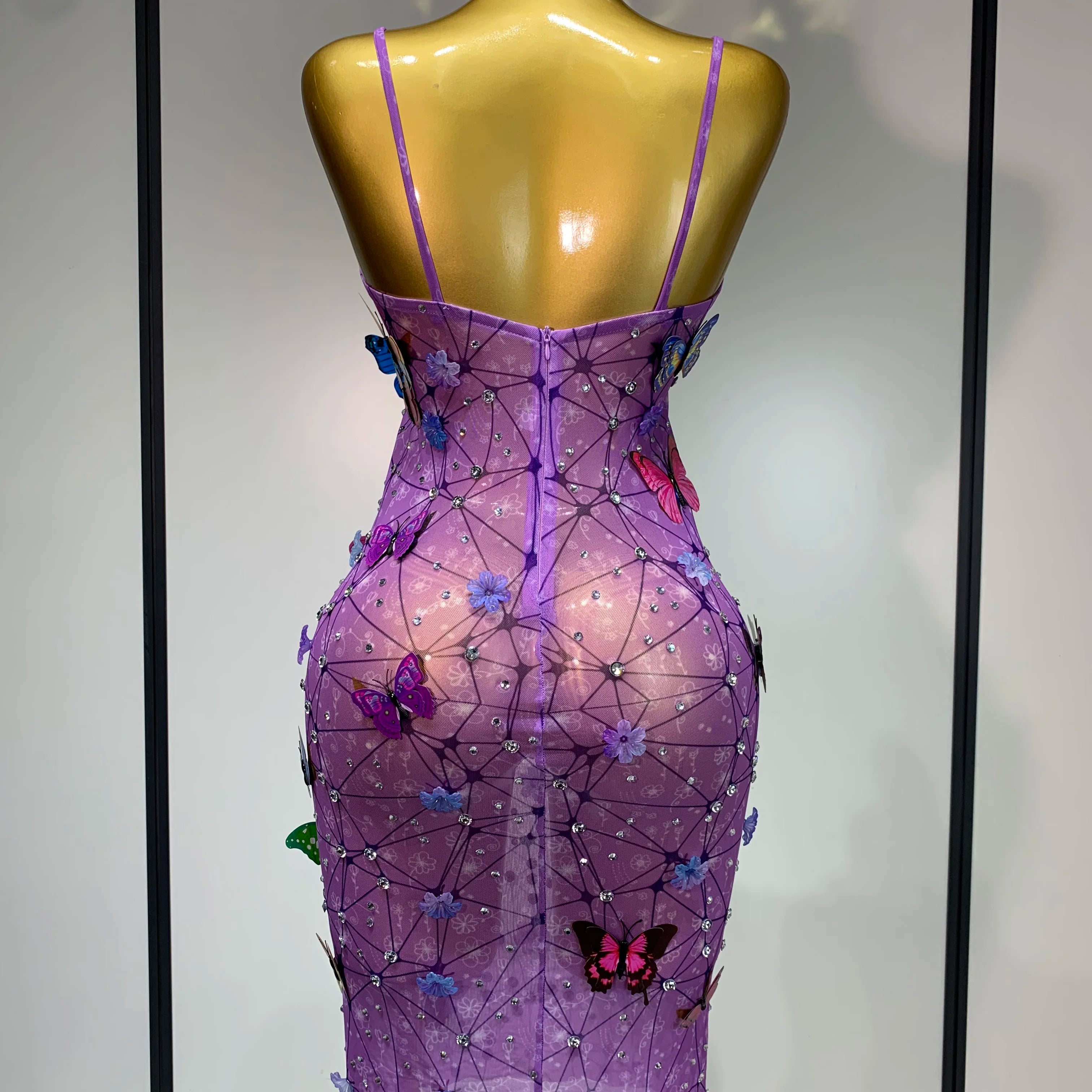 Sparkly Women Sexy Mesh See Through Dress 2025 Butterfly Purple Celebrity Luxury Birthday Nightclub Stage Outfit