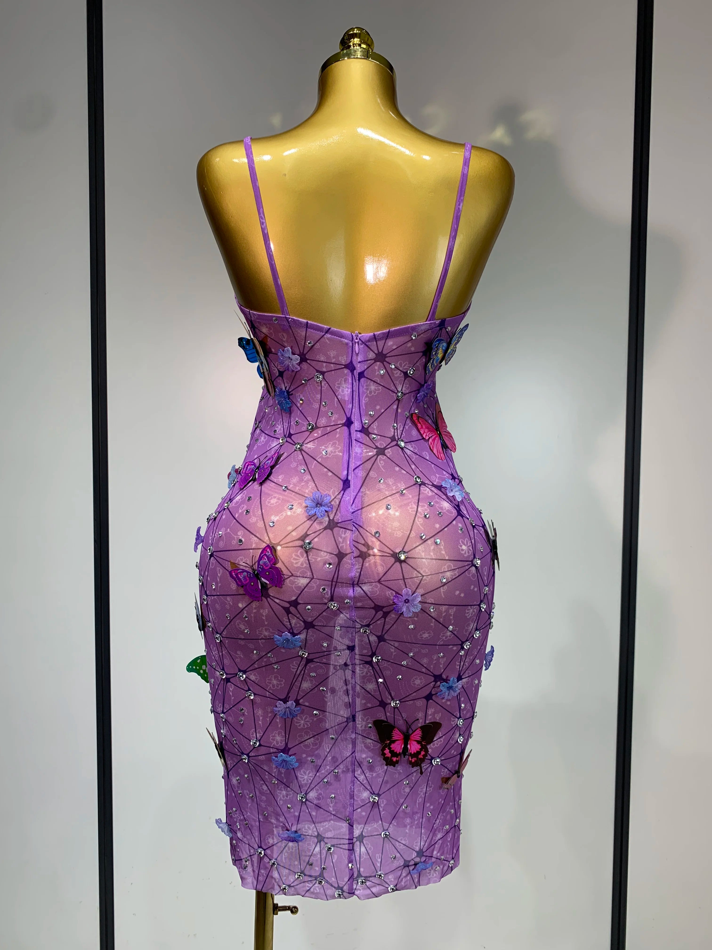 Sparkly Women Sexy Mesh See Through Dress 2025 Butterfly Purple Celebrity Luxury Birthday Nightclub Stage Outfit