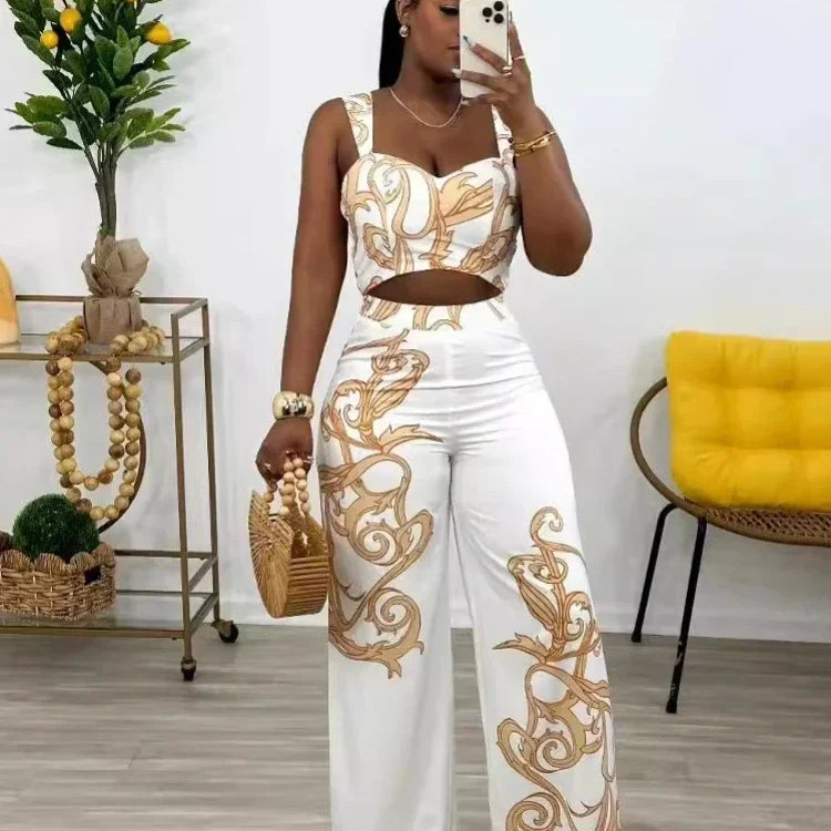 CM.YAYA 2024 Summer Women's Set Sleeveless Strapless Tops +Wide Leg Pants Print Party Street Two 2 Piece Sets Outfits Tracksuit