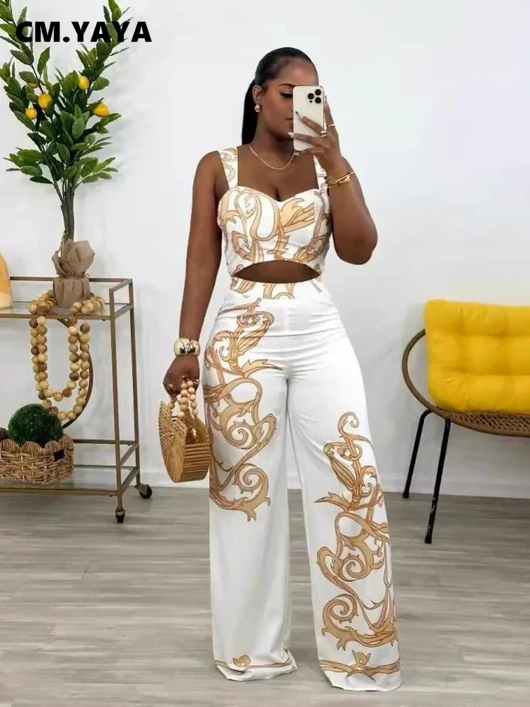 2024 Summer Women's Set Sleeveless Strapless Tops +Wide Leg Pants Print Party Street Two 2 Piece Sets Outfits Tracksuit