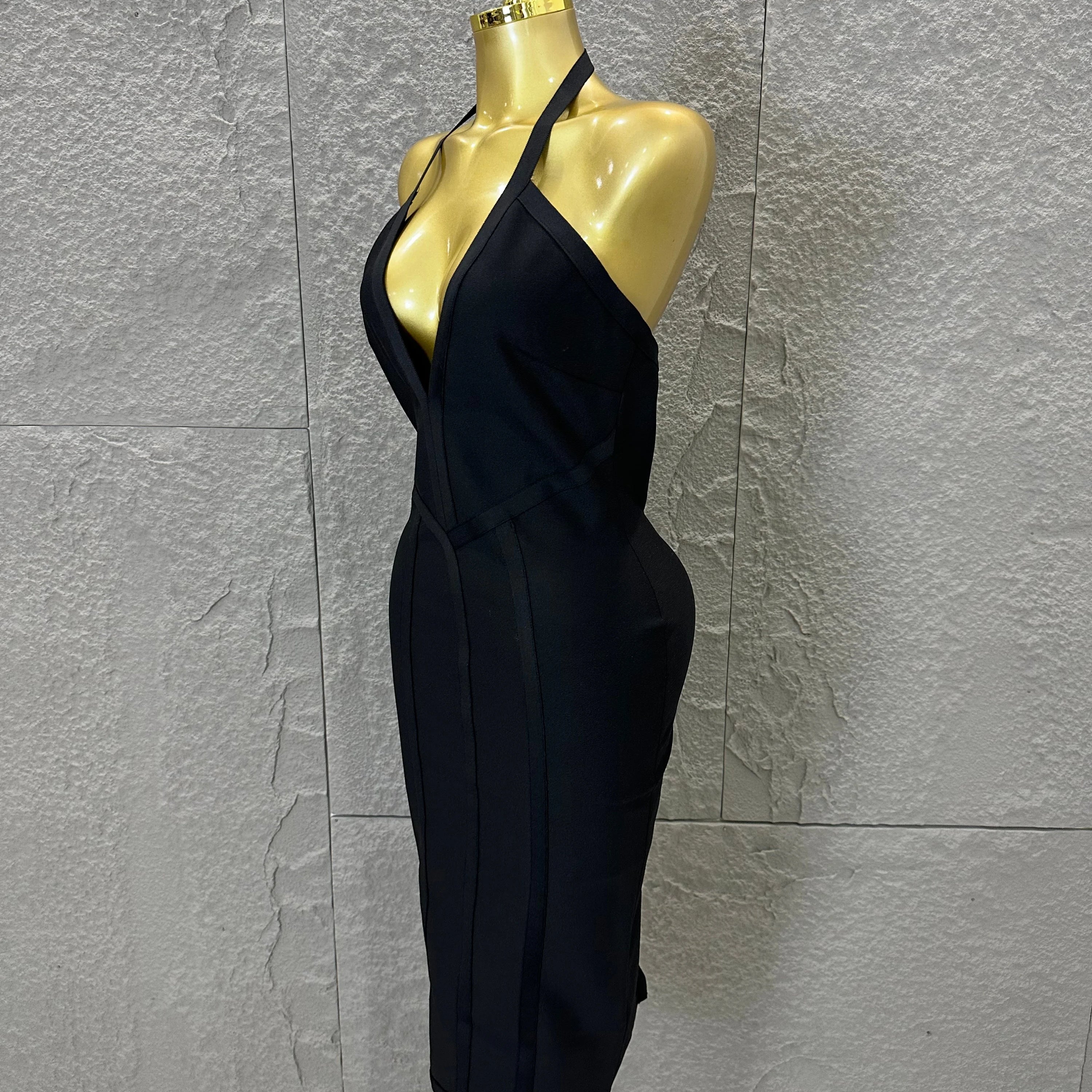 Elegant 2026 Brown Bandage Midi Dress Women Sexy Halter Neck Deep V Bodycon Evening Party Costume Cocktail Party Costume