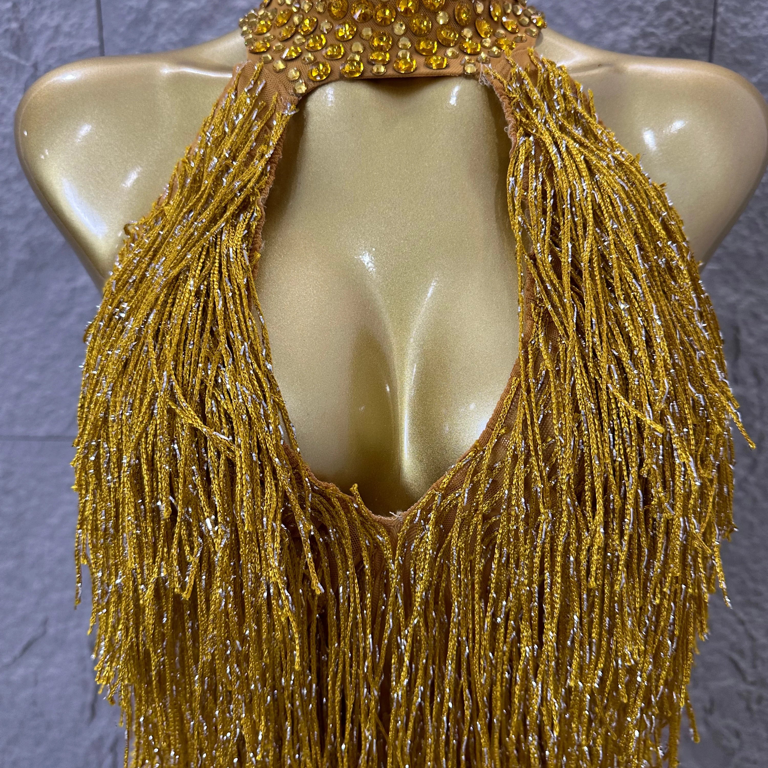 Luxury Gold Halter Neck Mini Dress Women Sexy Crystal Embellished Fringe Trim Form-Fitting Outfit Formal Event Party Costume