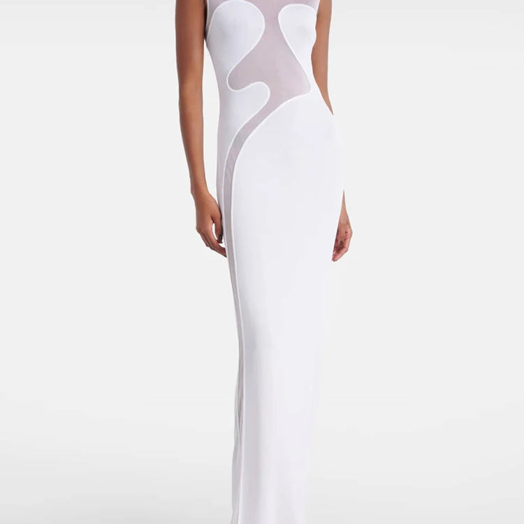 Cool Fashion Black White Sheer Mesh Sleeveless O-Neck Ankle Dress for Party Date Night Evening Gown