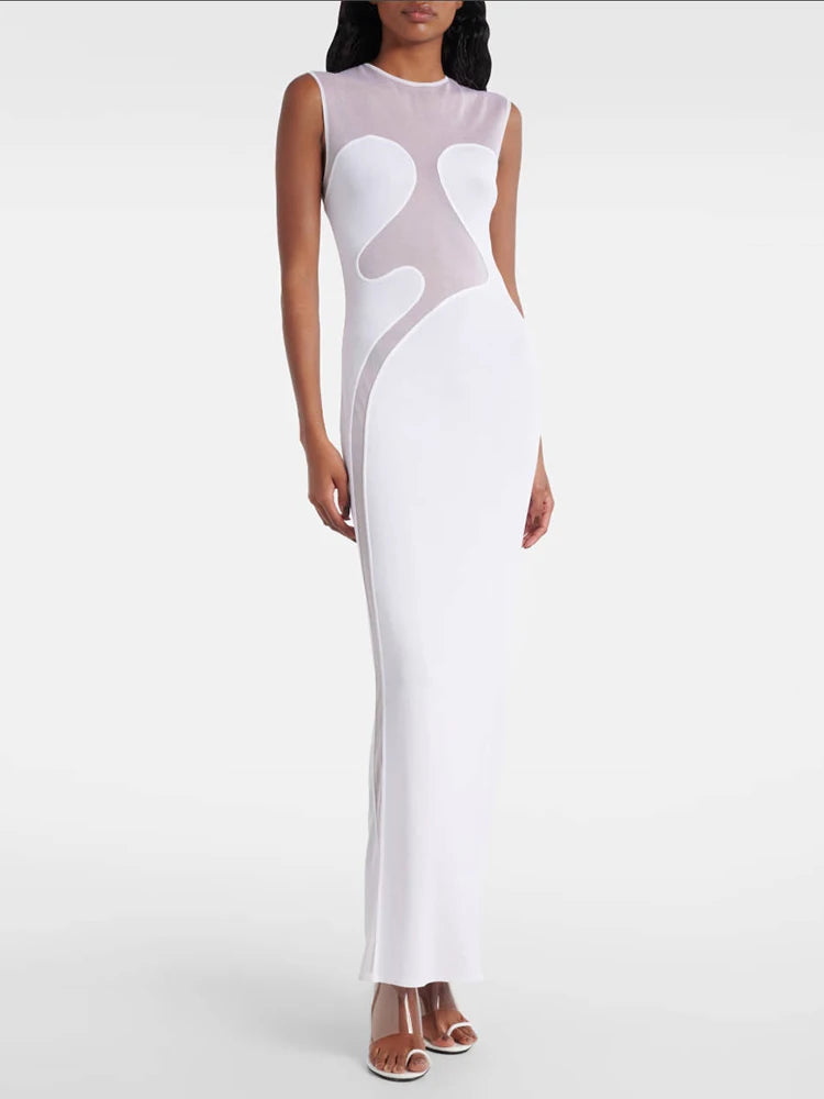 Cool Fashion Black White Sheer Mesh Sleeveless O-Neck Ankle Dress for Party Date Night Evening Gown