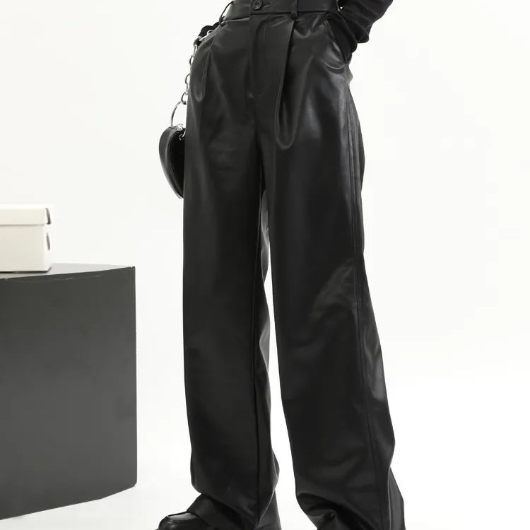 Straight Leather Pants Women High Waist PU Leather Trousers Baggy Black Female Streetwear Clothing New Fashion Ladies