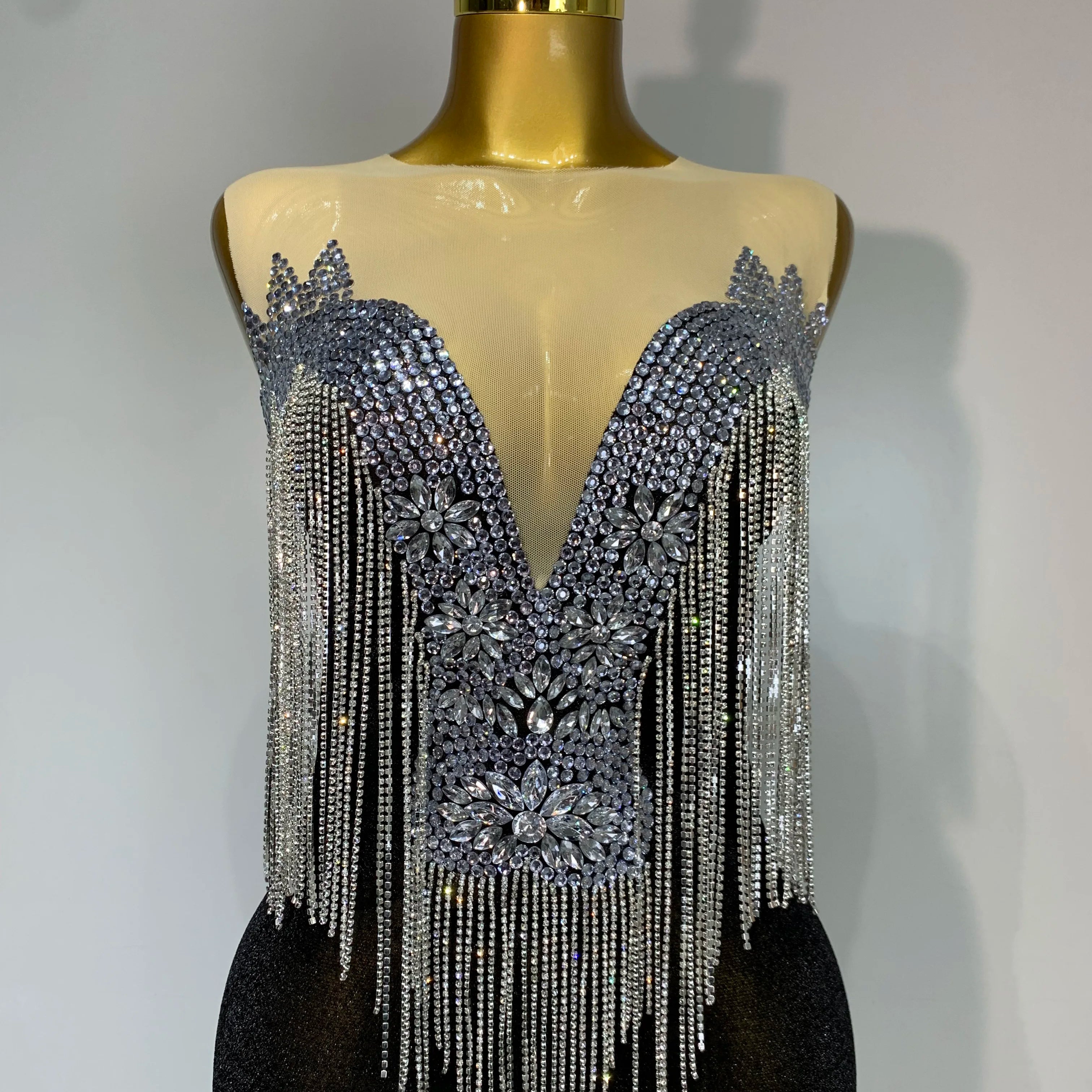 Women Sexy Sparkly Rhinestones chain Celebrity Elegant Maxi Long Dress Luxury Birthday Prom Gowns Stage Show Performance Costume