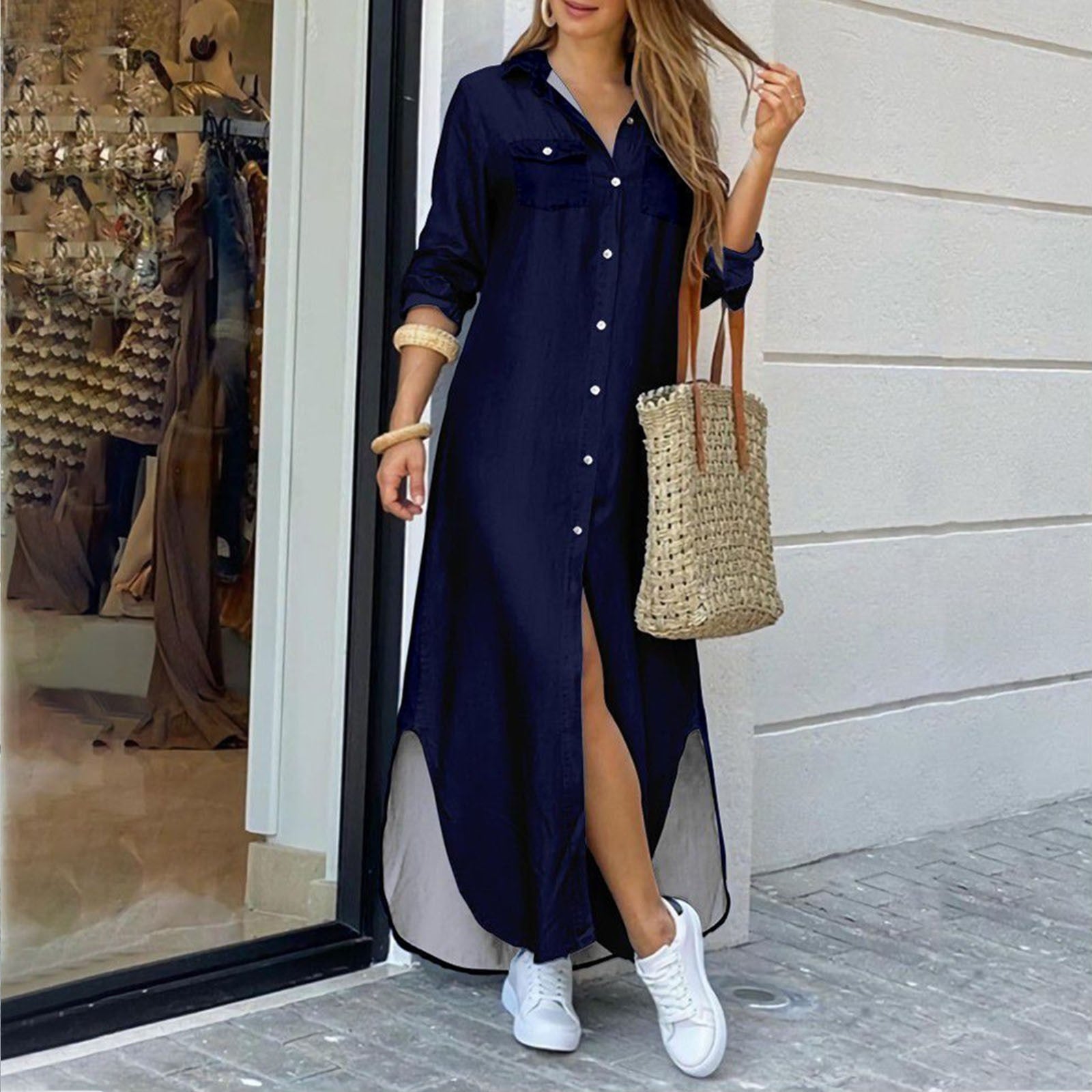 Summer Fashion Elegant Shirt Dress Women - Print Long Sleeve Button Ladies Office Holiday Casual Clothing Female Maxi Dress Navy
