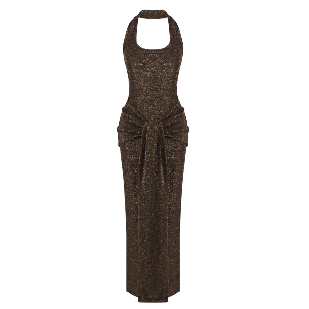Sleek Modern Brown Halter Backless Maxi Dress with Waist Tie Drape Details for Party Evening Gown Brown