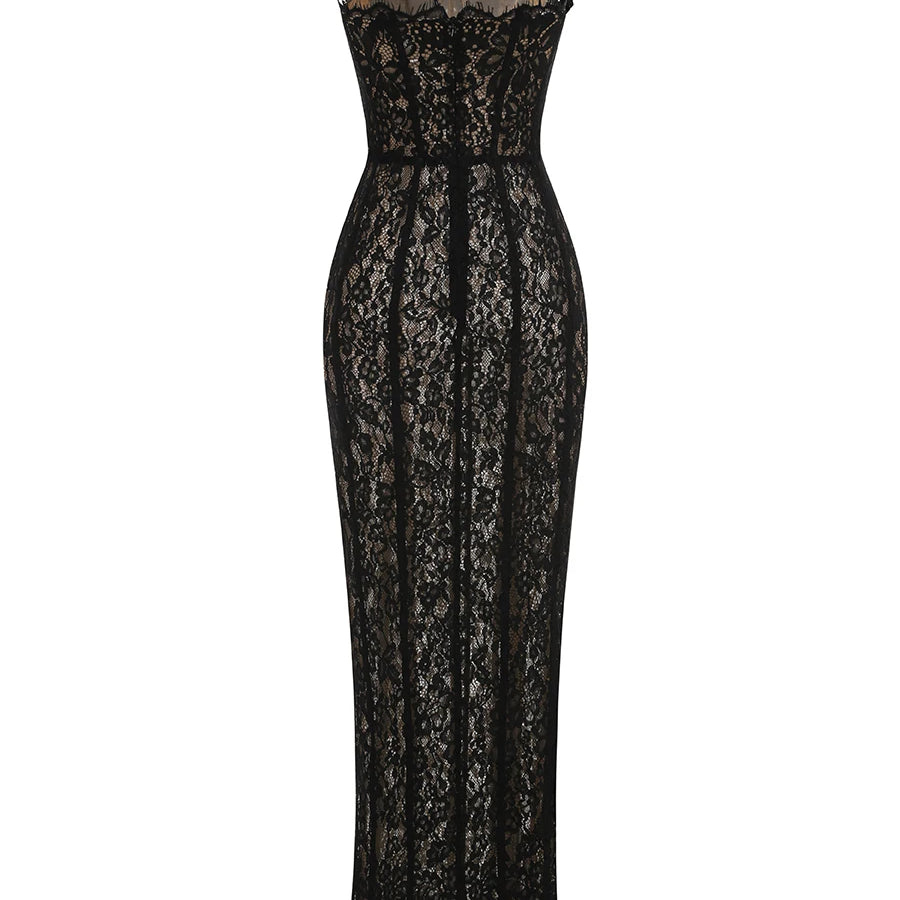 New Summer Black Women Sleeveless Sexy Strap Square Collar Lace Bodycon Mid-calf Dress Evening Party Celebrate Birthday Wear