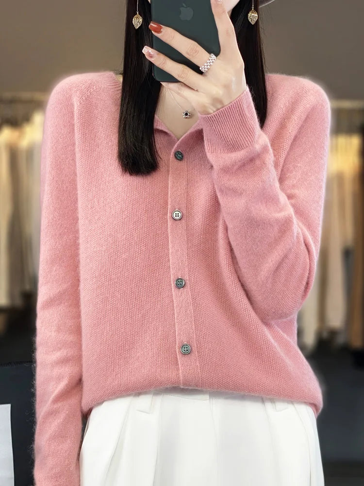 Aliselect Autumn Winter Women 100% Merino Wool Sweater O-Neck Tops Long Sleeve Basic Cashmere Knitwear Cardigan Clothing Coat
