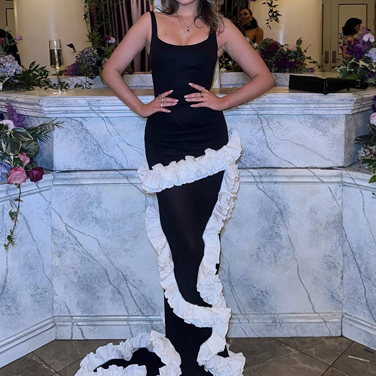 Artistic Black & White Strappy Dress Gown Ruffled Detailing for Creative Galas