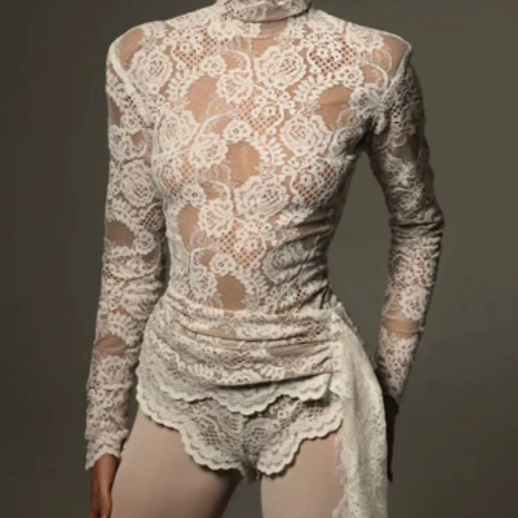 2024 New Autumn White Black Women Sexy Long Sleeve Lace Bodycon Draped Bodysuit Fashion Performance Costume Stage Wear