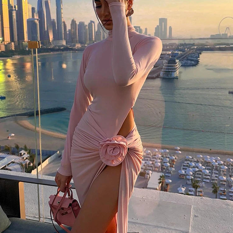 Pink Long Dresses For Women Chic And Elegant Long Sleeve Hollowed Out 3D Flower Pleated High Slit Celebrity Party Gown