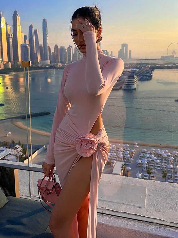 Pink Long Dresses For Women Chic And Elegant Long Sleeve Hollowed Out 3D Flower Pleated High Slit Celebrity Party Gown