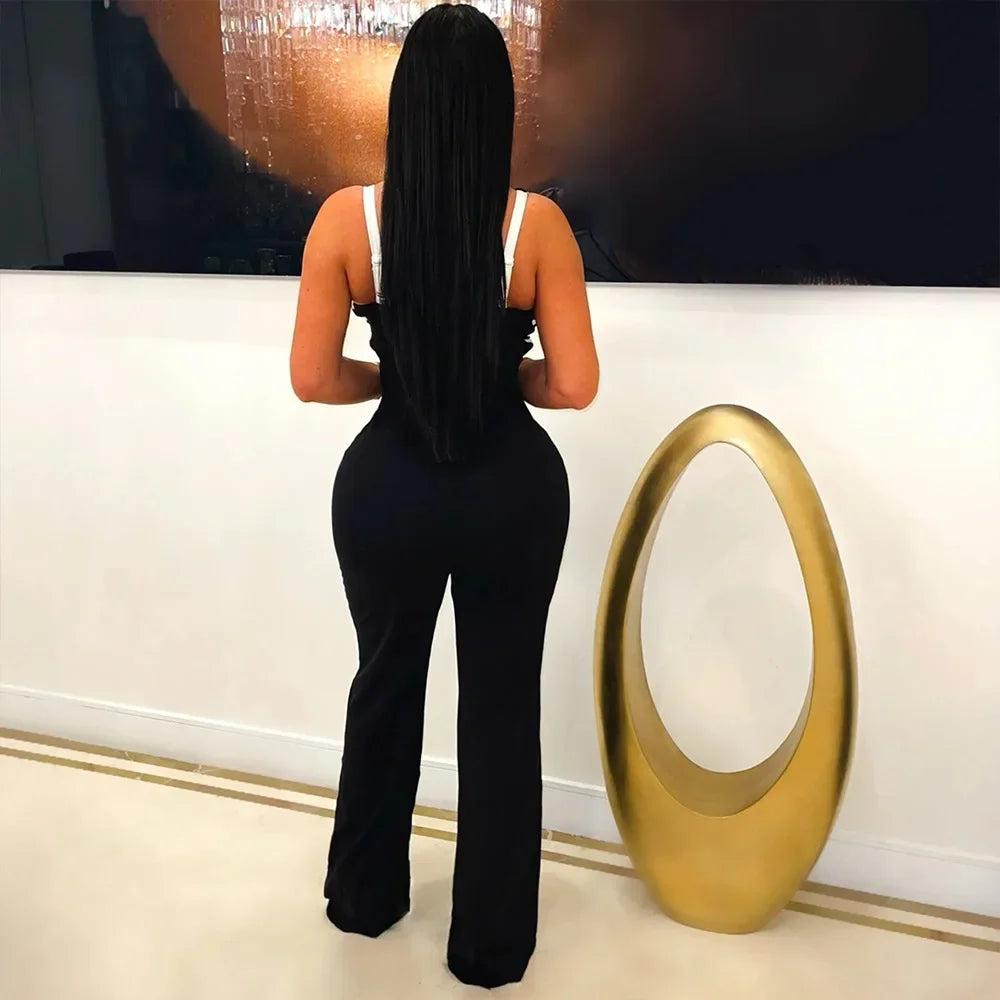 Women V-Neck Backless Wide Leg Straight Sleeveless Jumpsuits 2025 Spring Patchwork Sexy One Piece Set Streetwear Outfits