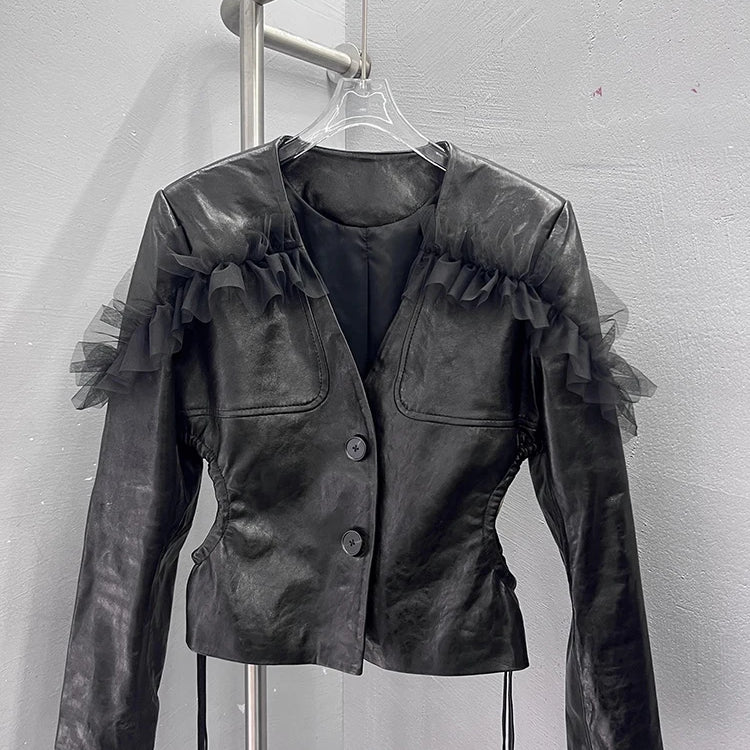 Lautaro Spring Short Black Lace Patchwork Leather Jacket Women Deep V Neck Hollowed Out at the Waist Luxury Designer Emo Clothes Black