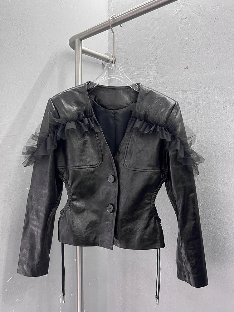 Lautaro Spring Short Black Lace Patchwork Leather Jacket Women Deep V Neck Hollowed Out at the Waist Luxury Designer Emo Clothes Black