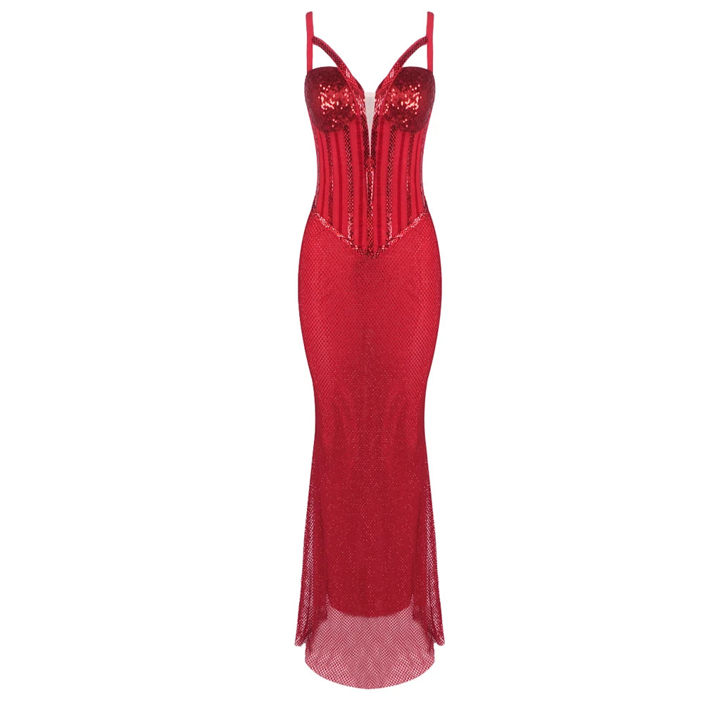 Enchanting Sparkling Red Mermaid Sequins Strappy Sleeveless Dress Party Evening Gown Red