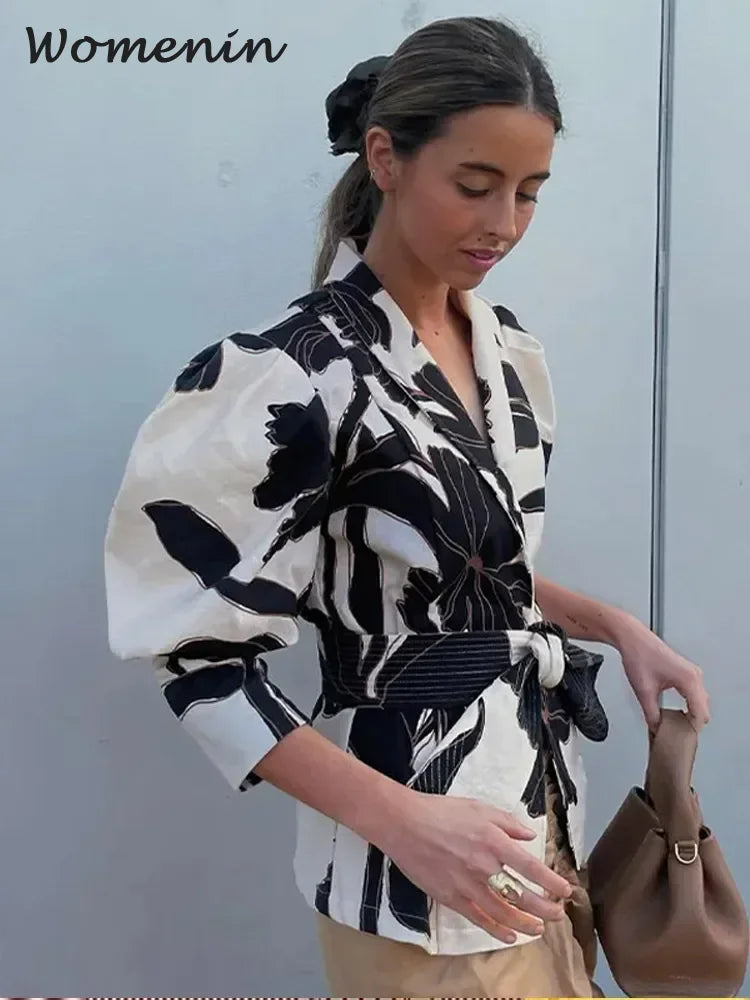 Fashion Flower Print Belt Women Shirts Spring Summer Elegant Slim Lapel Puff Sleeve Blouses Vintage Lady Office Streetwear