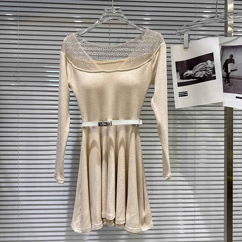 Winter New Elegant Fashion Rhinestone Mesh Collar With Belt Chest Pad Knitted Dress For Women Slim Dresses 11A07734 Khaki One Size