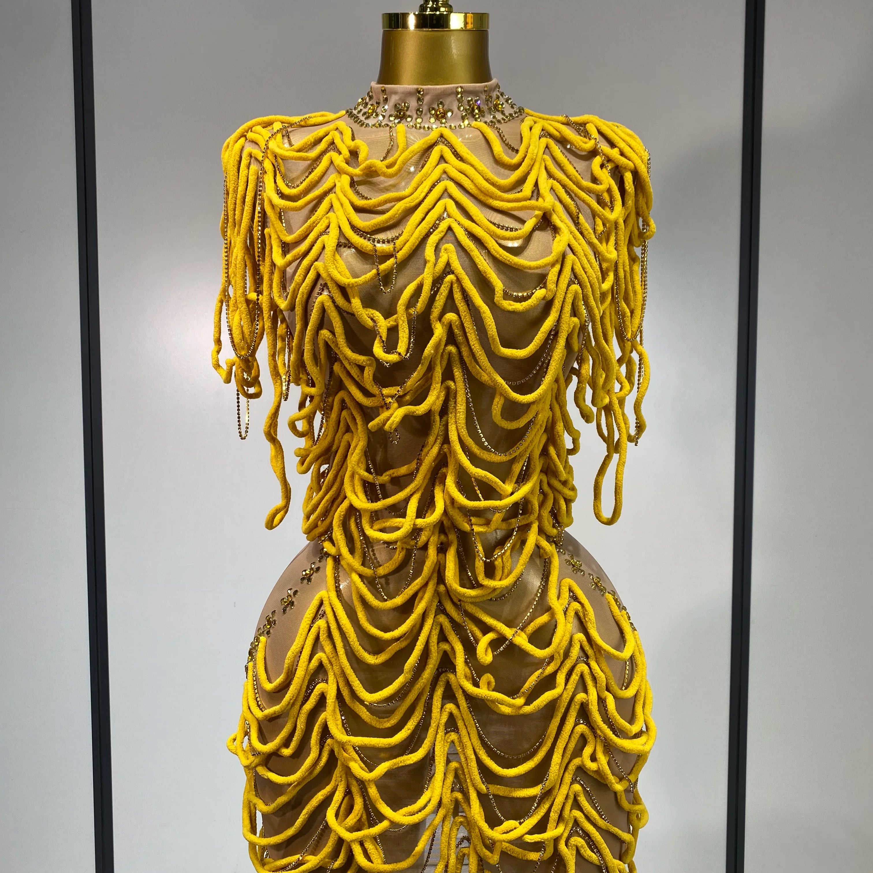 Women Sexy Fashion Short Dress Mesh Designer Rhinestones Chain Stage Costume Nightclub Celebrate Party Performance Outfit Yellow