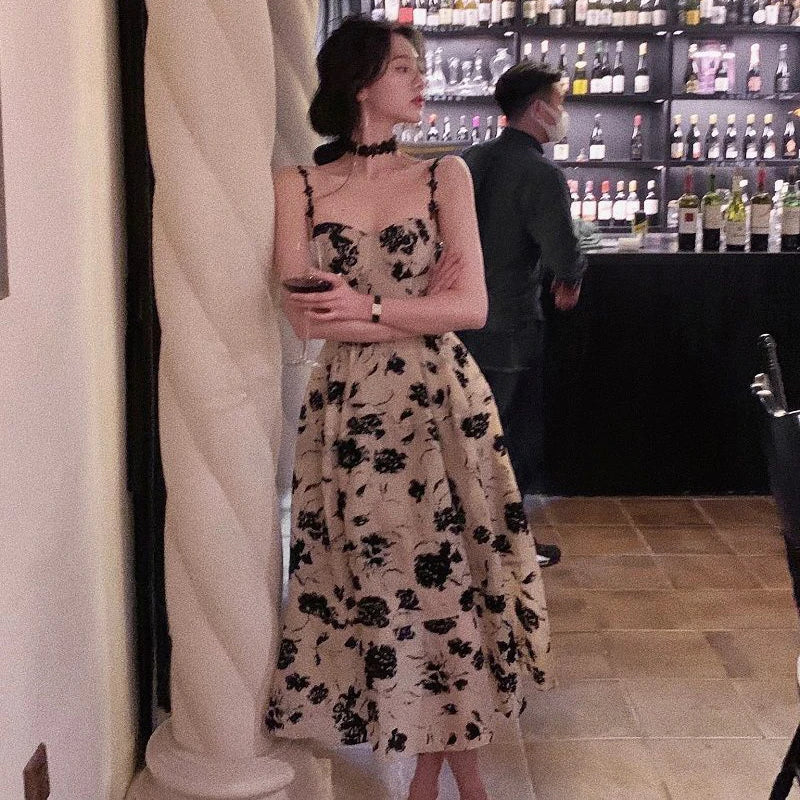 Sexy Strap Floral Midi Dress Women Oversized Loose Sleeveless Vintage Elegant Dress Fashion Evening Party Night Vestidos Apricot