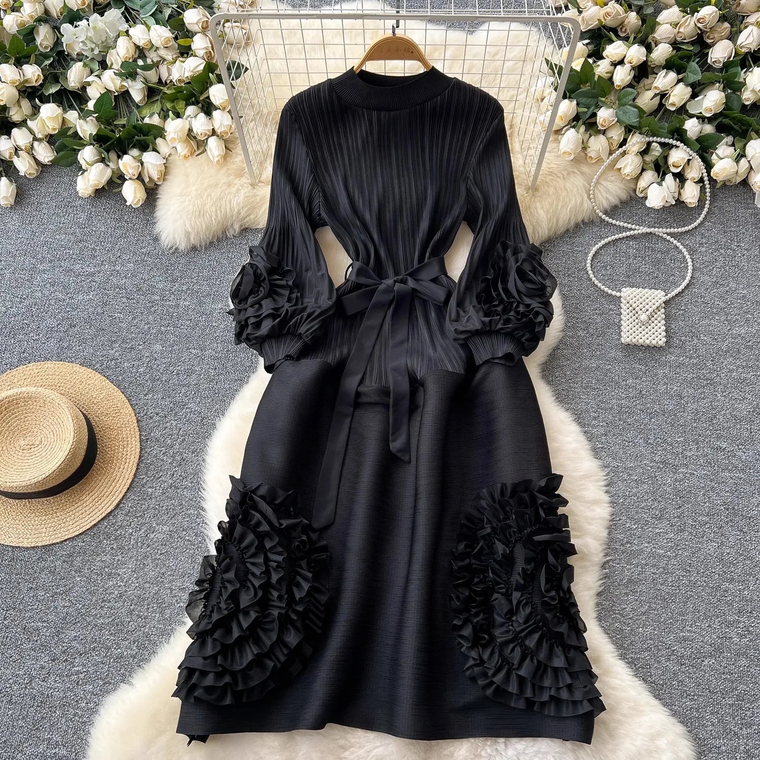 New Miyake High End Tied Up Oversize Pleated Long Robes Turtleneck Bubble Petal Sleeves High Waist Formal Dresses Women Clothing as picture 5 One Size