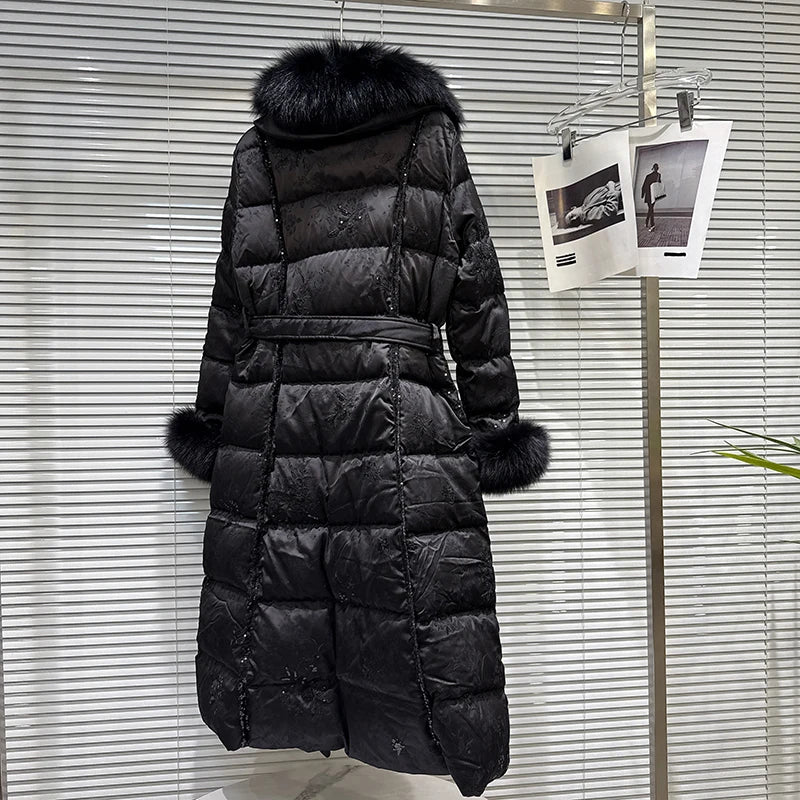 Winter New Fashion Style Large Fox Fur Collar Embroidered Long Cotton Jacket For Women High Quality Warm Coat 11A07799