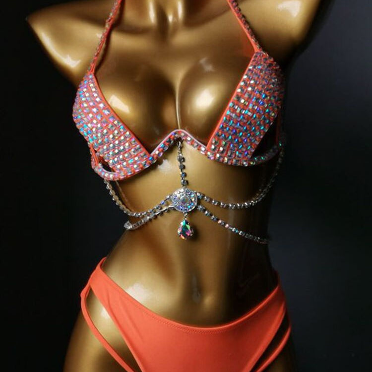 Swimwear Bikini Sets Swimsuit 2024 Summer Beach Shiny Crystal Rhinestone Padded Push Up Bikinis Set Outfits For Women Orange 2