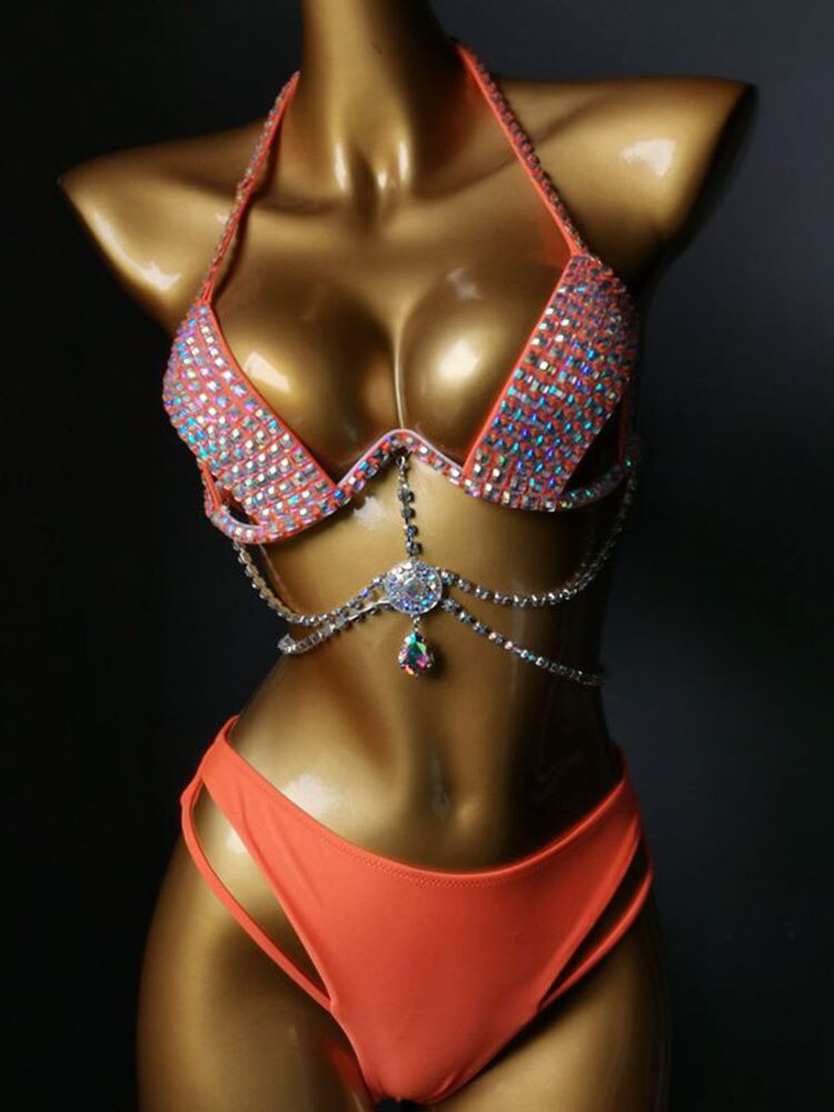 Swimwear Bikini Sets Swimsuit 2024 Summer Beach Shiny Crystal Rhinestone Padded Push Up Bikinis Set Outfits For Women Orange 2