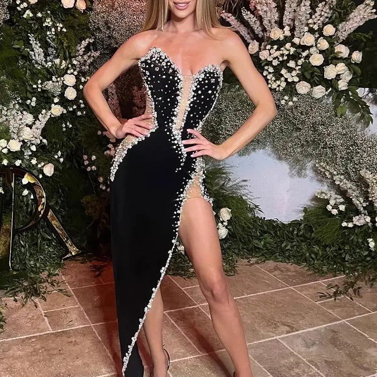 White Pink Blue Color Women Sexy Strapless Shinning Crystal Bodycon Bandage Maxi Dress Celebrate Evening Party Outfit Vestido black