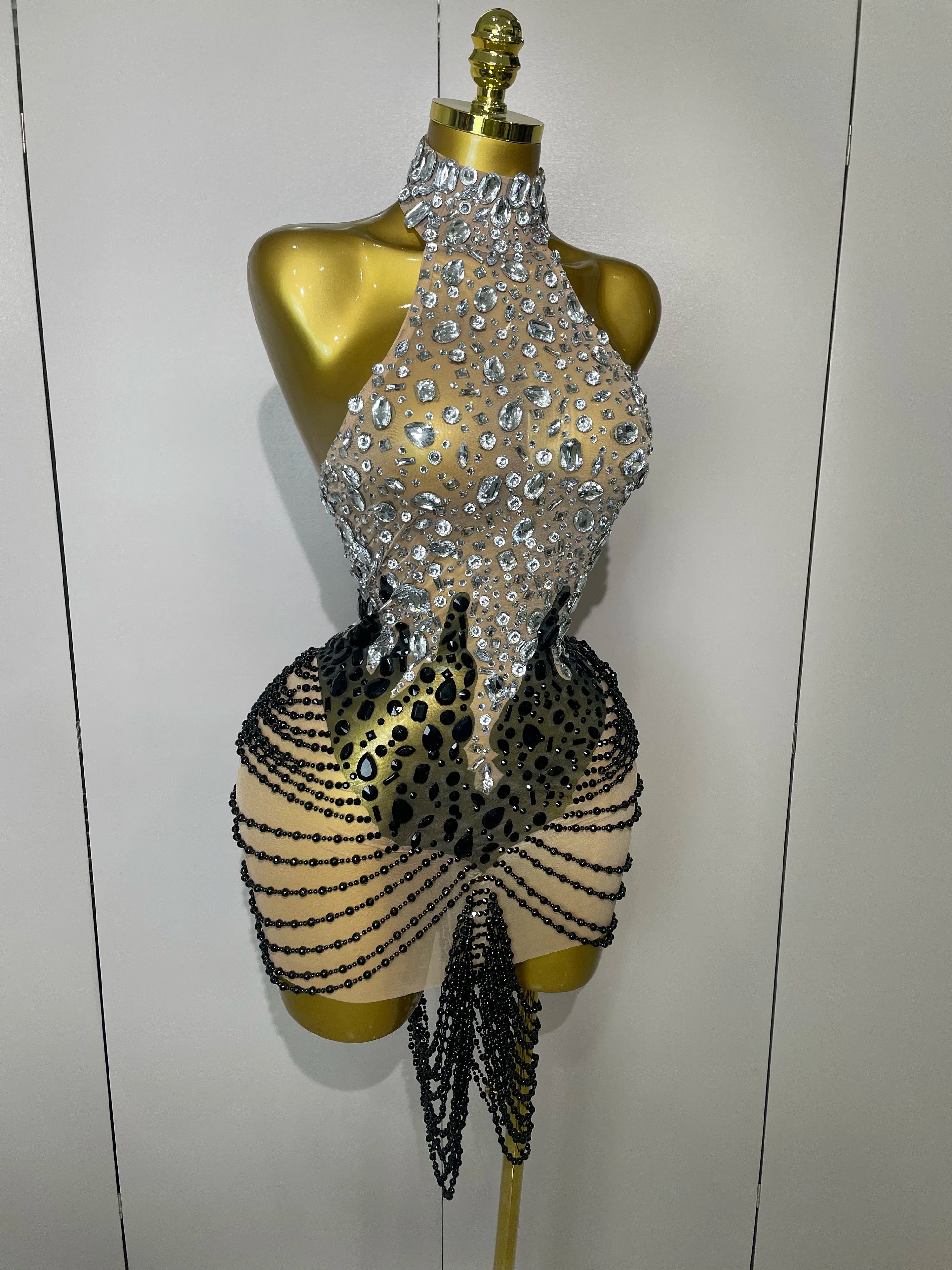 STOCK Sparkly Crystals Beading Short Dress 2025 Women Sexy Mesh Backless Evening Prom Celebrate Birthday Dress Photo Shoot Wear