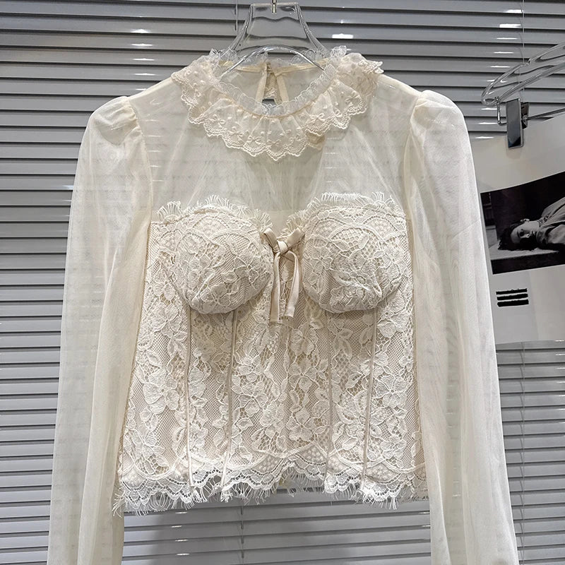 Winter New Fashion Style Elegant Bow Lace Patchwork Chest Pad Chiffon Blouse For Women Short Small Shirt 11A07927