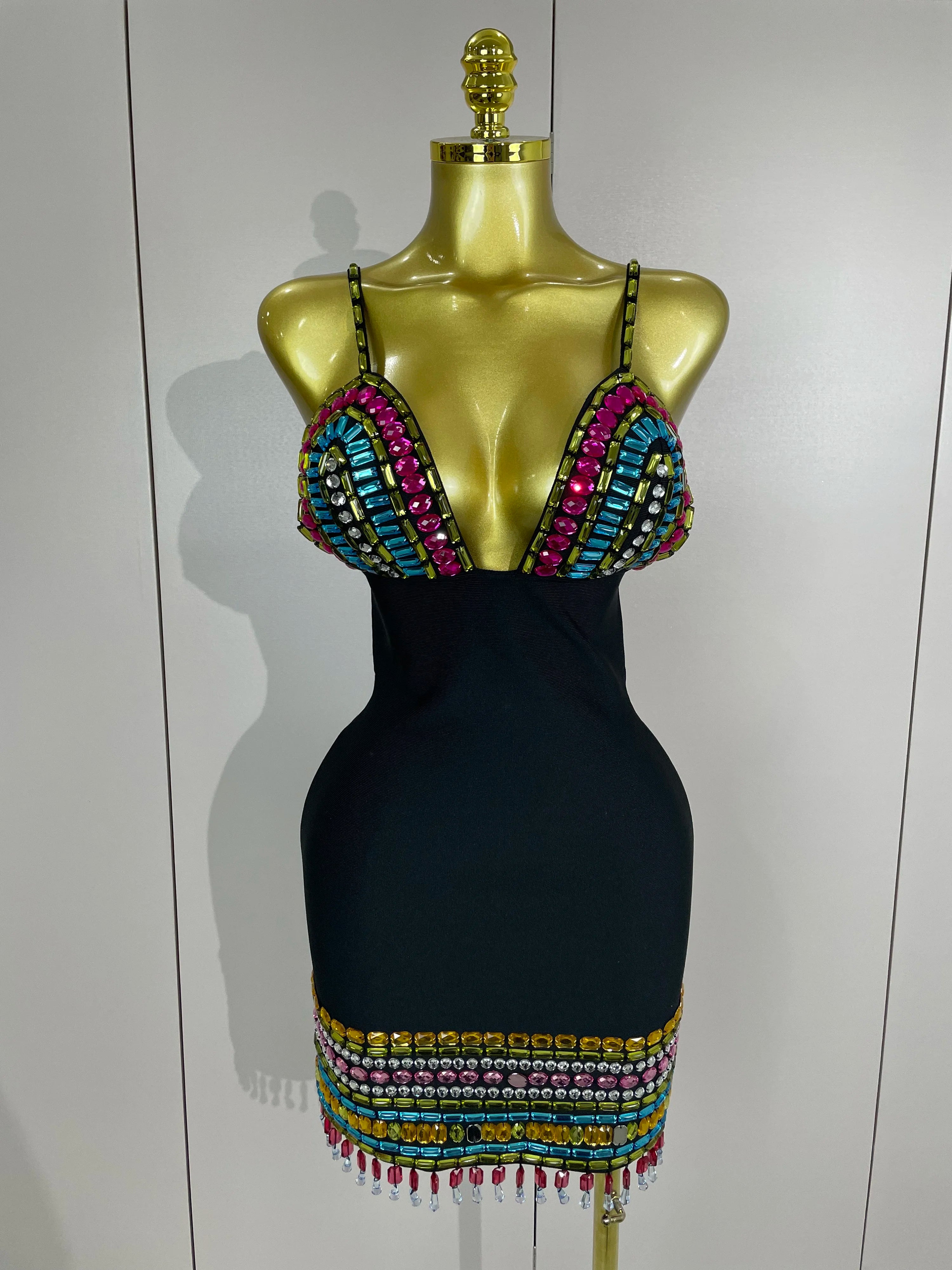 2025 Sparkly Colorful Diamonds V Neck Black Bodycon Bandage Dress Celebrity Elegant Evening Club Party Luxury Birthday Dresses black
