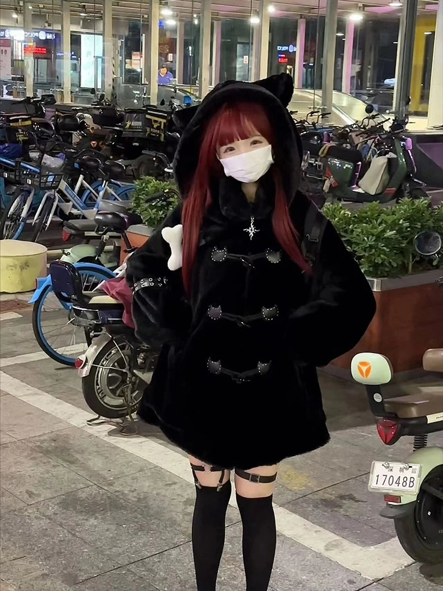 Lautaro Autumn Winter Oversized Soft Thick Warm White Faux Fur Hoodie Women with Bear Ears Horn Buttons Punk Style Fluffy Jacket Black One Size