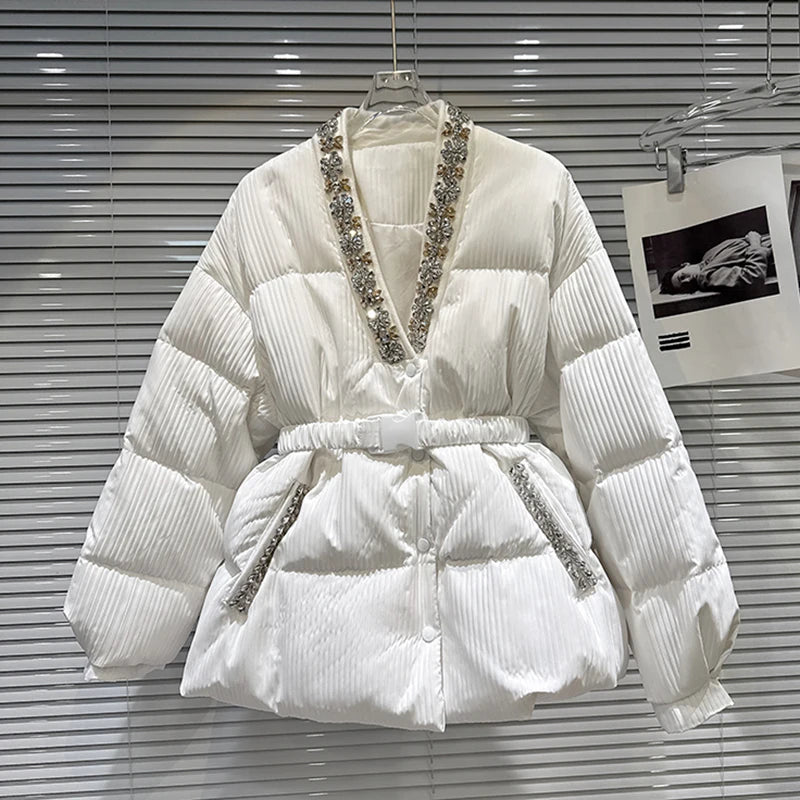 Winter New Fashion V-Neck Rhinestone Collar Belt Striped Fabric Warm Jacket For Women Cotton-padded Coat 11A07929 White One Size