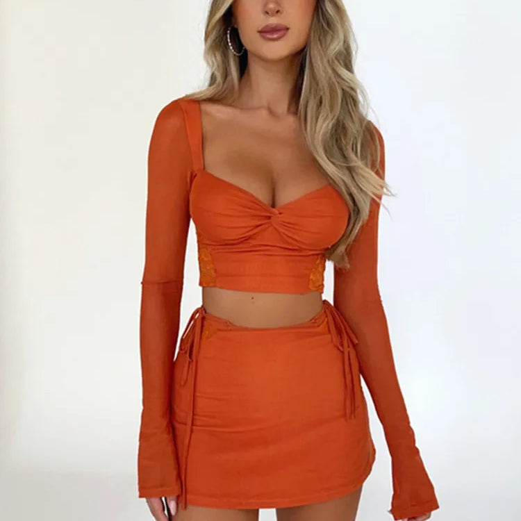 hirigin Women Summer 2 Pieces Outfits Solid Color Sweetheart Neckline Long Sleeve Crop Tops and Side Tie-Up Mini Skirts Set