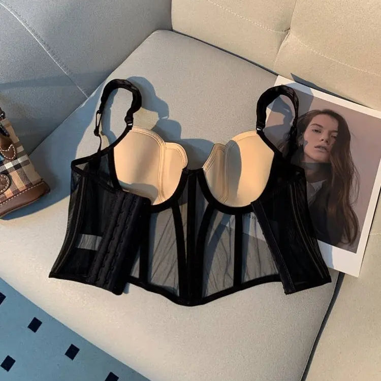 Women's Chic Mesh Fishbone Camisole Inner Wear Outer Wear Corset Crop Top Waist-Tight Sexy Bra White Black 2023