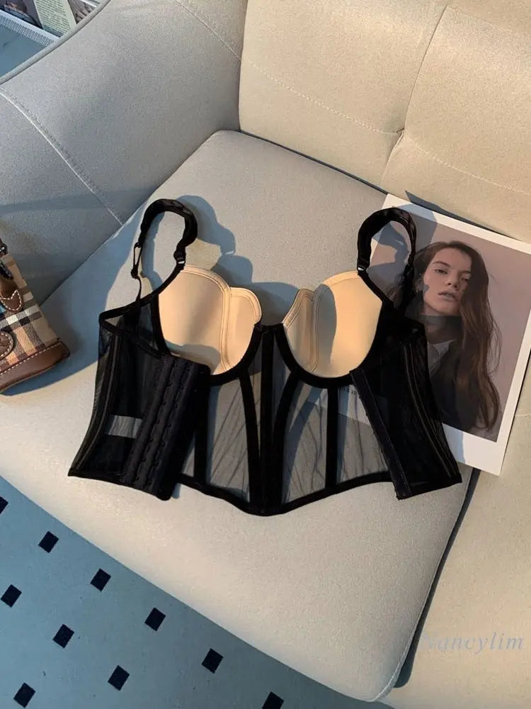 Women's Chic Mesh Fishbone Camisole Inner Wear Outer Wear Corset Crop Top Waist-Tight Sexy Bra White Black 2023