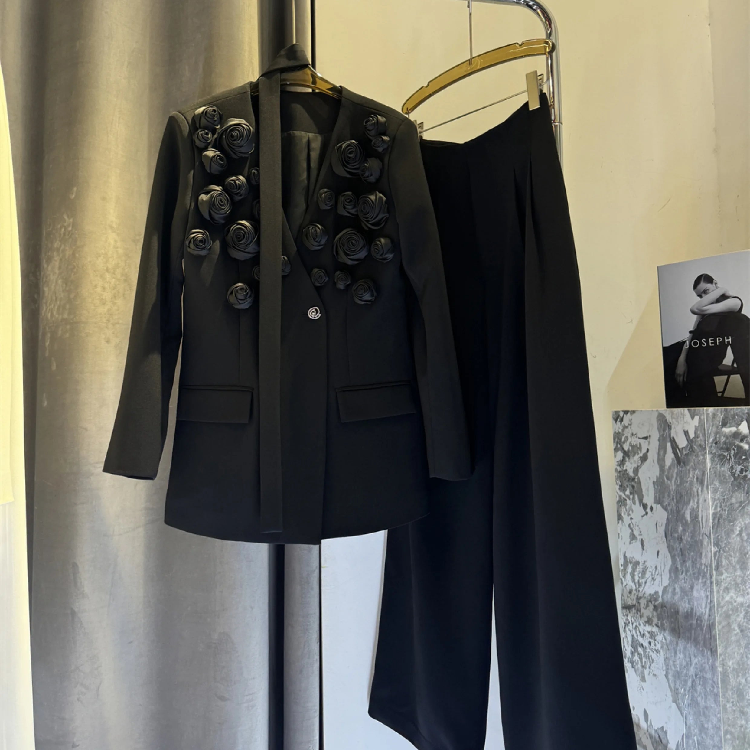 Solid Spliced Appliques Two Piece Sets for Women V Neck Long Sleeve Patchwork Pocket Top High Waist Pant Set Female BLACK