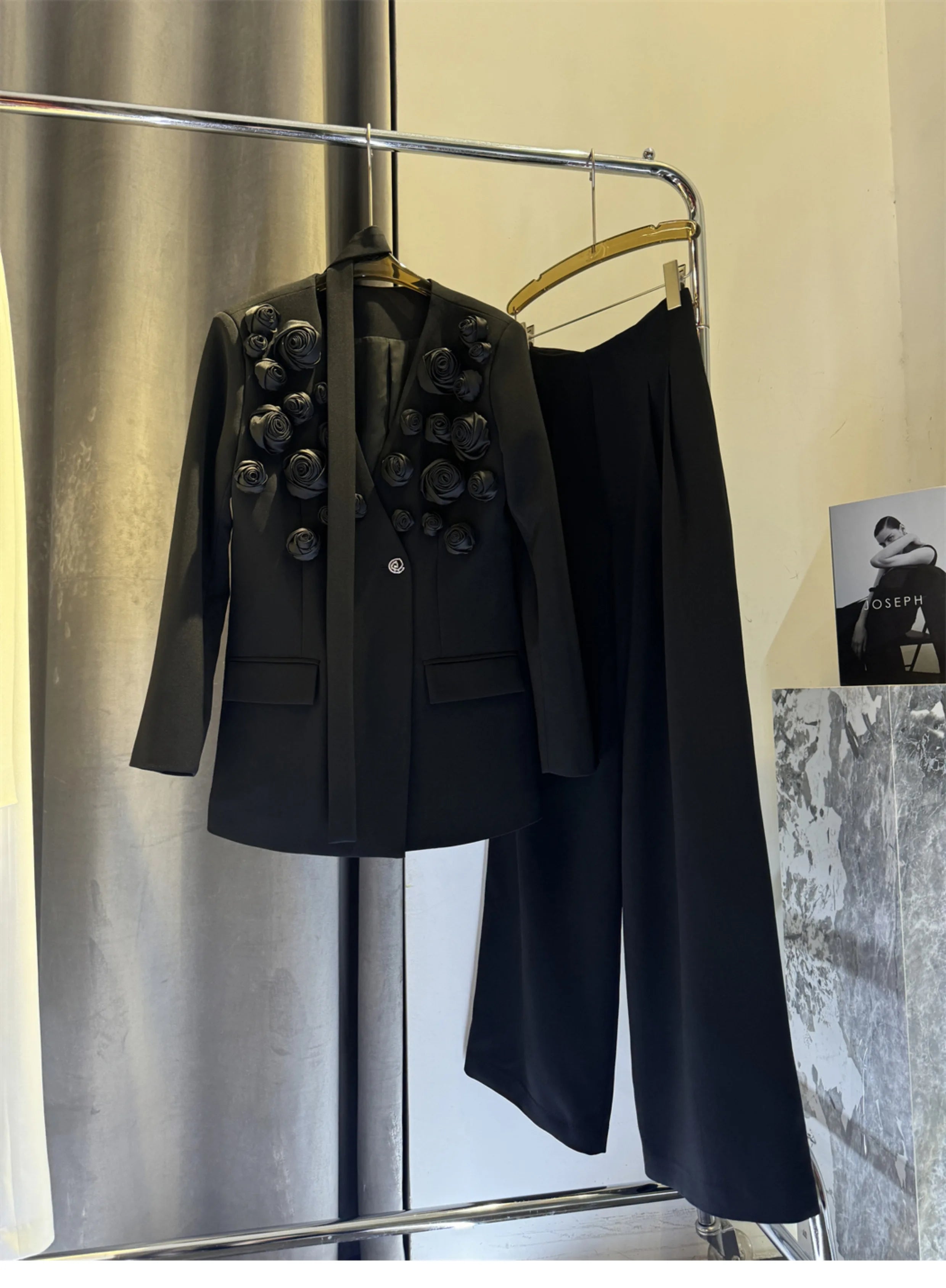 Solid Spliced Appliques Two Piece Sets for Women V Neck Long Sleeve Patchwork Pocket Top High Waist Pant Set Female BLACK