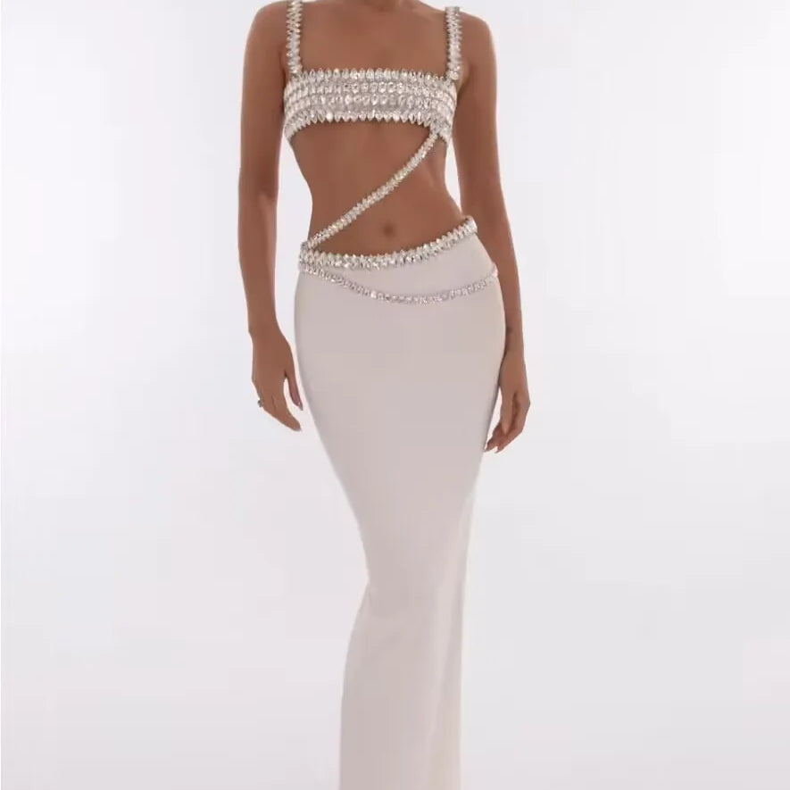 Shinning Big Crystal Women Sexy Strap Holes Bodycon Long Dress Fashion Celebrity Evening Party Red Carpet Dress Vestido