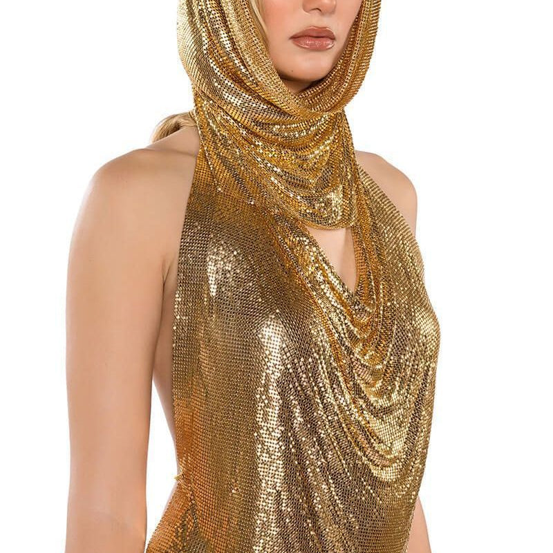 Women Metal Sequins Tank Top With Turban 2 Piece Sexy V Neck Backless Suspender Top Rave Festival Party Nightclub Camisole
