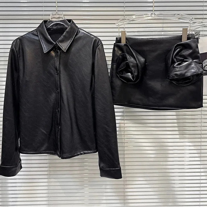 Winter New Street Style Fashion PU Leather Shirt Jacket For Women Three-Dimensional Pleated Floral Skirts 11A07730