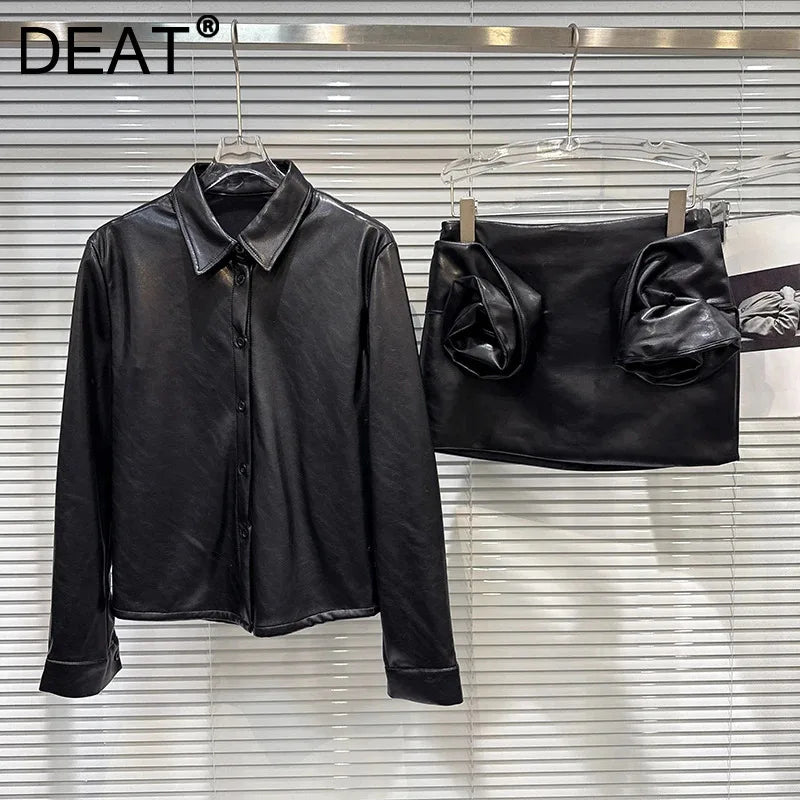 Winter New Street Style Fashion PU Leather Shirt Jacket For Women Three-Dimensional Pleated Floral Skirts 11A07730