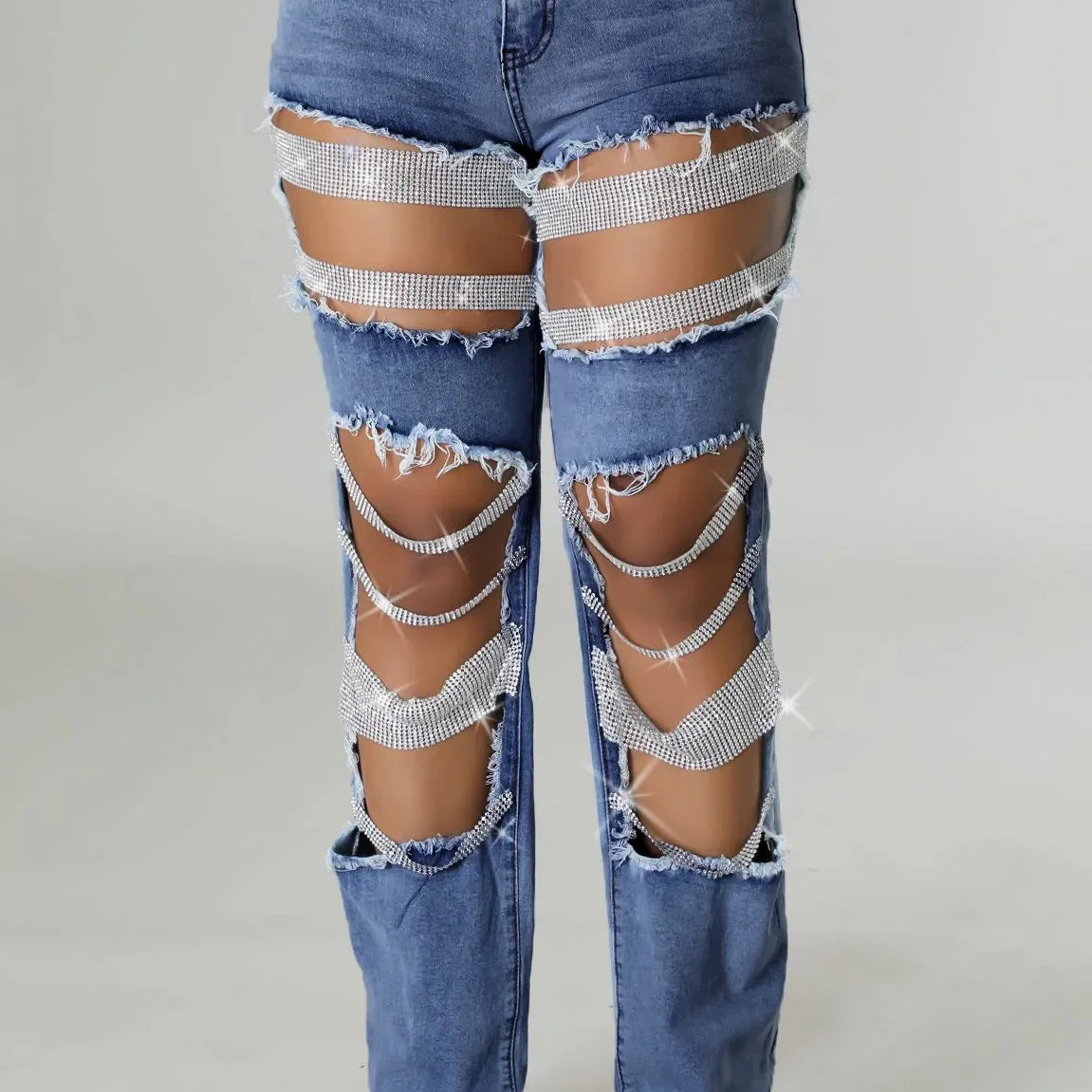 Women Fashion Pearl Beading Ripped Hollow Out Tassel Wide Leg Jeans 2024 New Summer INS Street Denim Pants Trousers color04